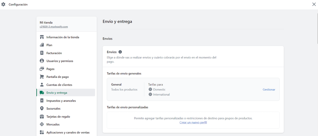 Sección de Envío y entrega de Shopify