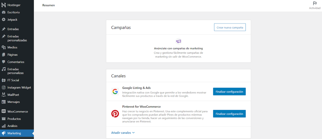 Sección de Marketing de WooCommerce