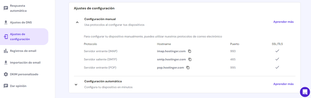Ajustes de configuración de la sección de Emails de hPanel