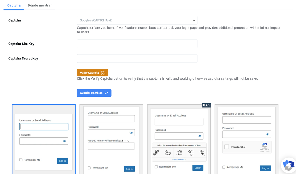 Sección de Advanced Google reCAPTCHA en WP