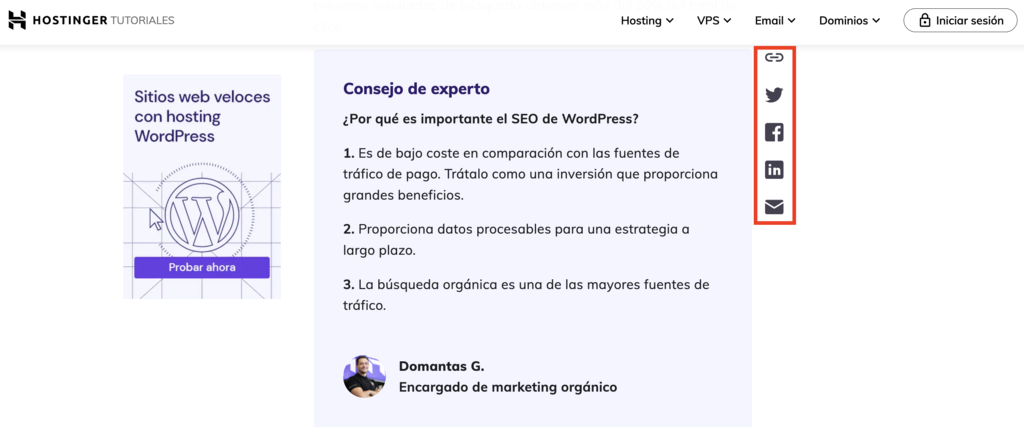 Ejemplo de botones para compartir contenido de Hostinger