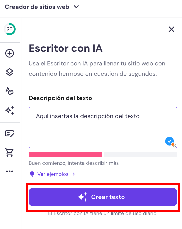 Escritor con IA del Creador de sitios web de Hostinger