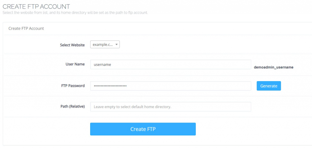 Menú de creación de cuenta FTP en CyberPanel