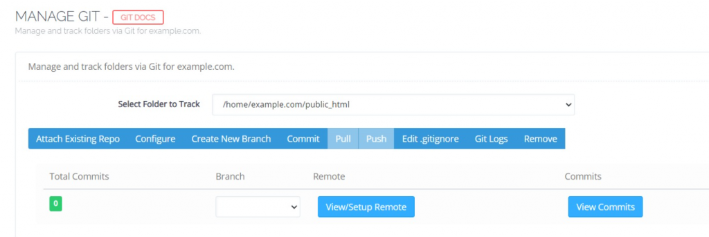 Menú de gestión de GIT en CyberPanel 