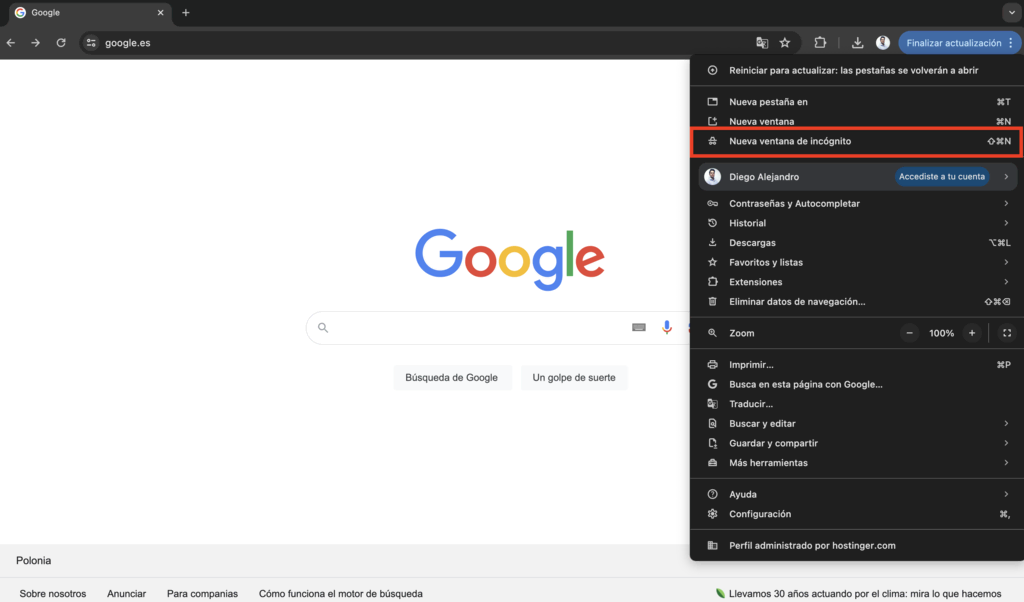 Nueva ventana de incognito de Google Chrome