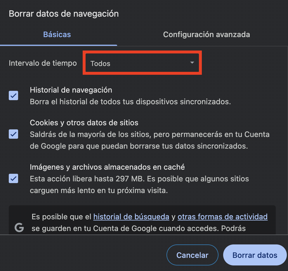 Intervalos de tiempo para borrar datos de Chrome