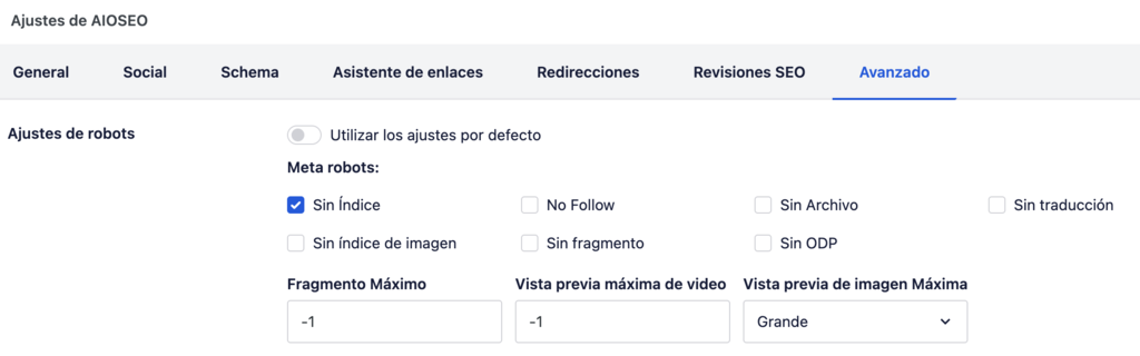 Ajustes de robots de AIOSEO