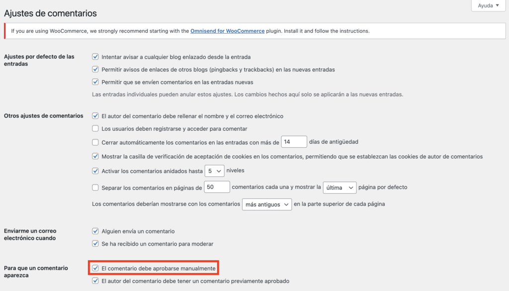 Ajustes de comentarios de WordPress