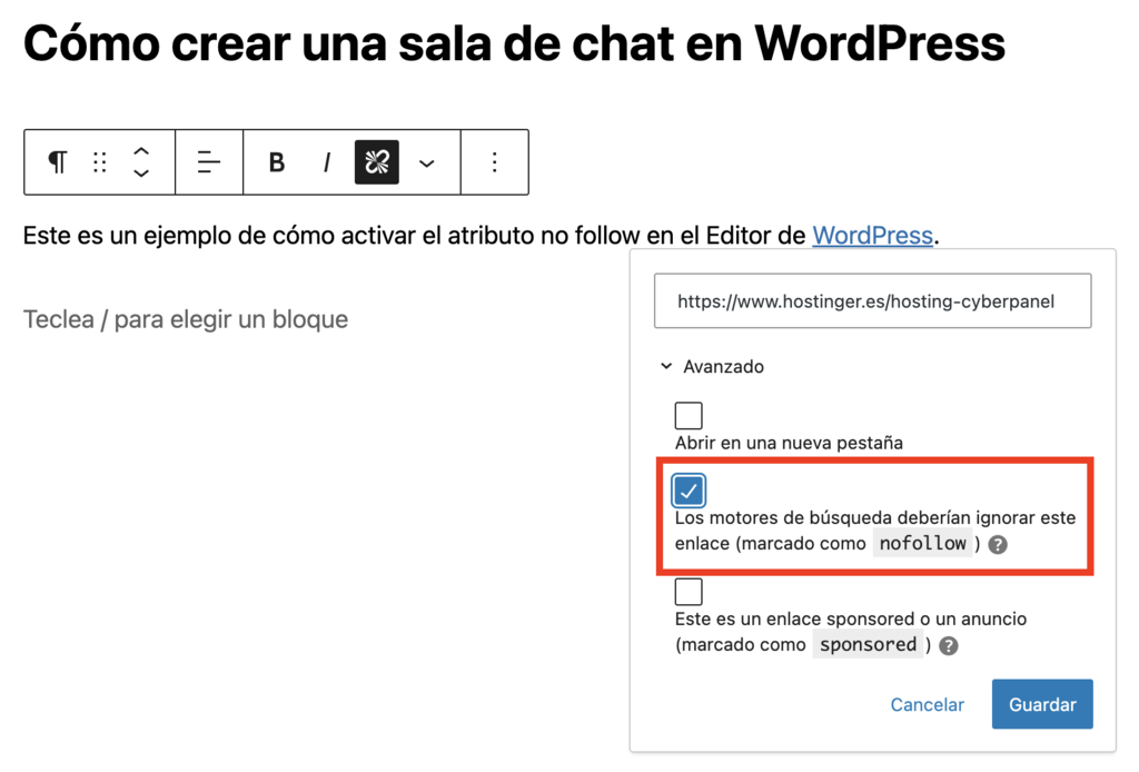 Ajustes de enlaces en el Editor de WordPress