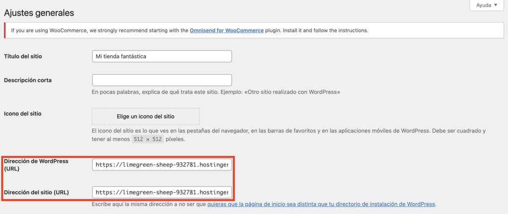 Ajustes generales de URL de WordPress