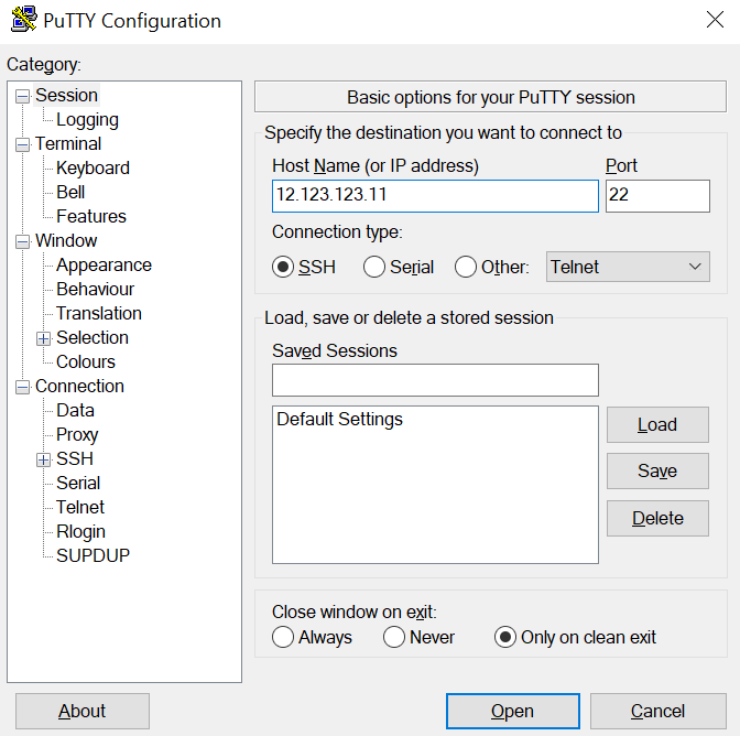 Interfaz del usuario utilizando PuTTY SSH