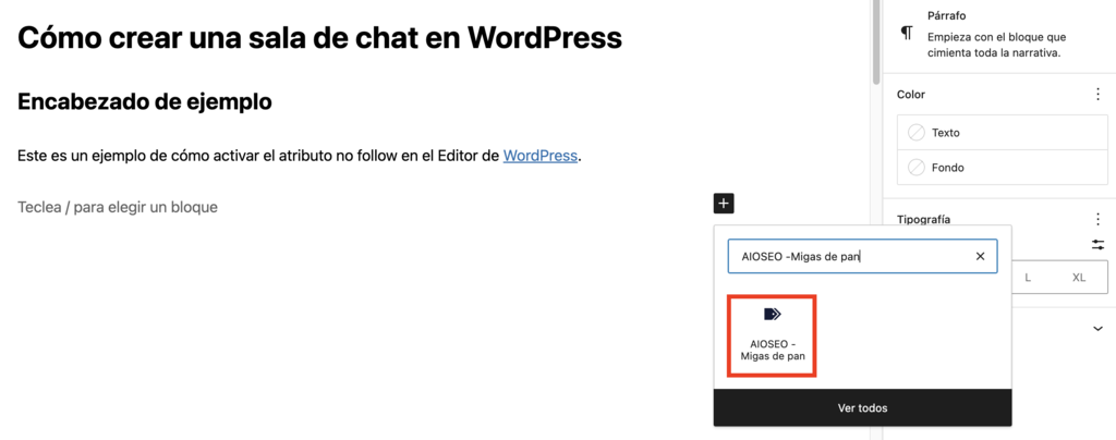 Bloque de migas de pan en el Editor de WordPress