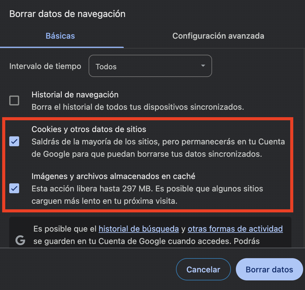 Ajustes de borrar datos de navegación de Chrome