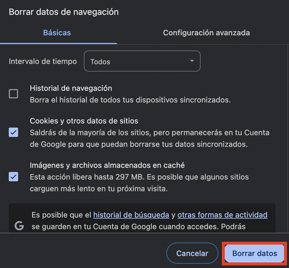 Botón de borrar datos de navegación de Google Chrome