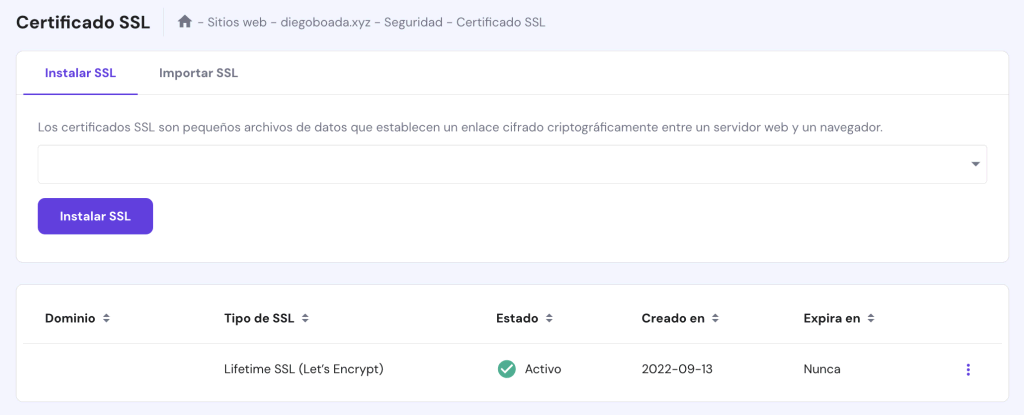 Certificado SSL en hPanel