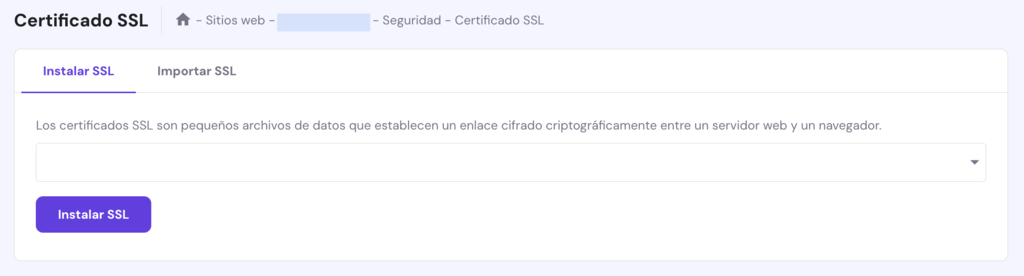 Sección de Certificado SSL de hPanel