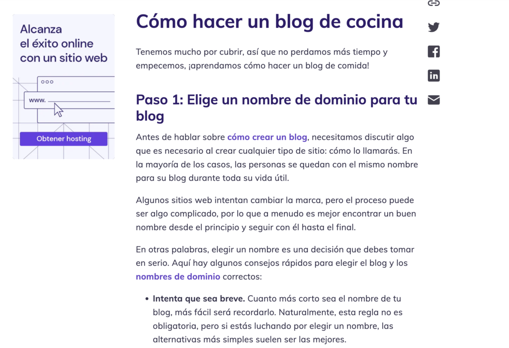 Ejemplo de subtítulos en una entrada de blog de Hostinger