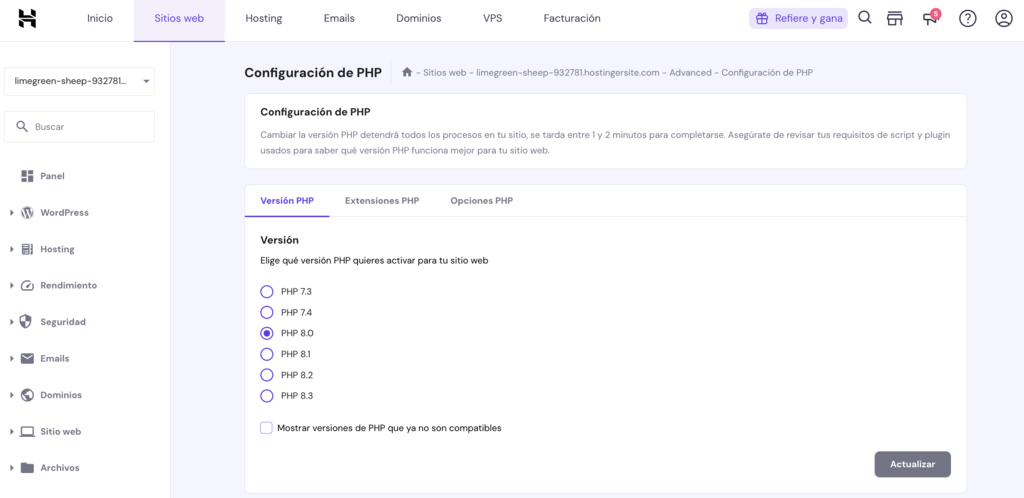 Configuración PHP en hPanel