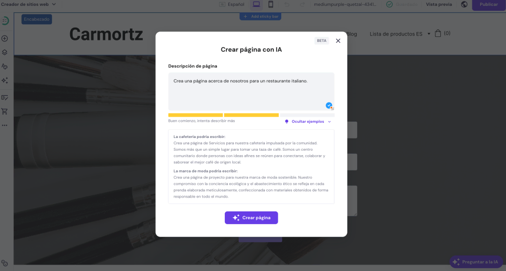 Crear páginas con iA del Creador de sitios web de Hostinger