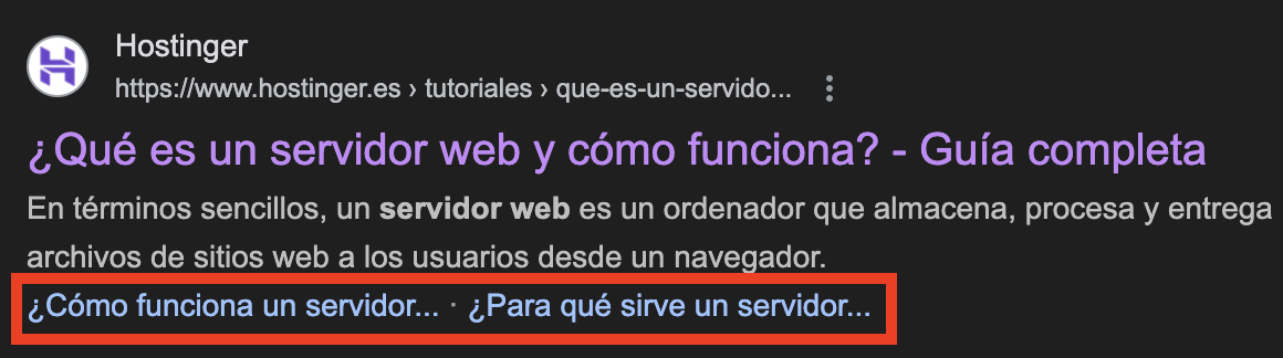 Ejemplo de encabezados en un post de Hostinger en la SERP