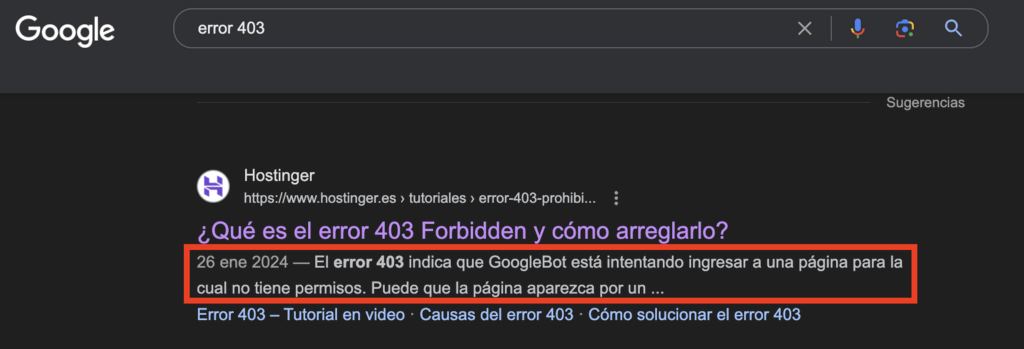 Ejemplo de meta descripción en Google