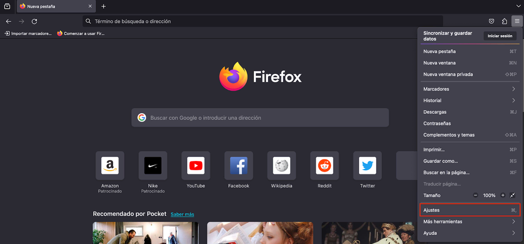 Opción de Ajustes de Mozilla Firefox