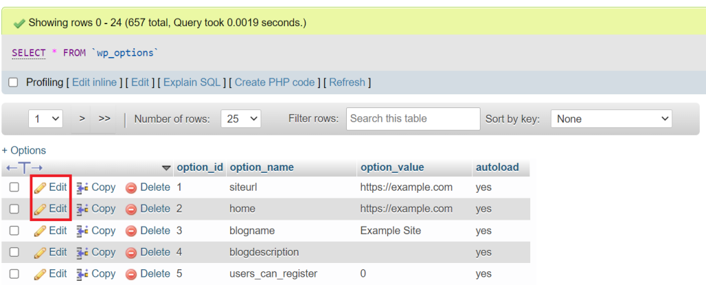 Tabla wp-options en phpMyAdmin 