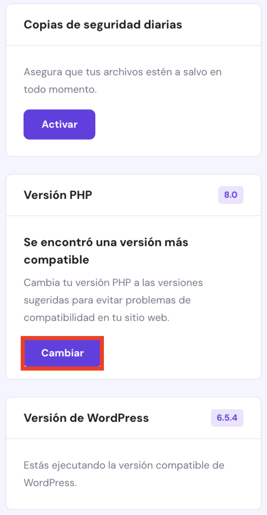 Sección de versión PHP de hPanel
