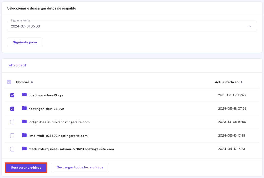 Sección de Copias de seguridad de archivos en hPanel