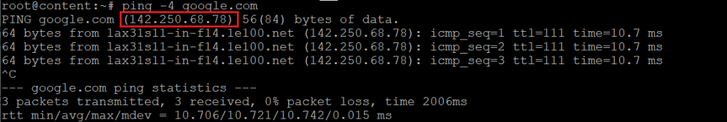 Ejemplo de uso del comando ping de Linux con -4 y -6