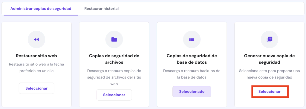 Opción de Generar nueva copia de seguridad en hPanel