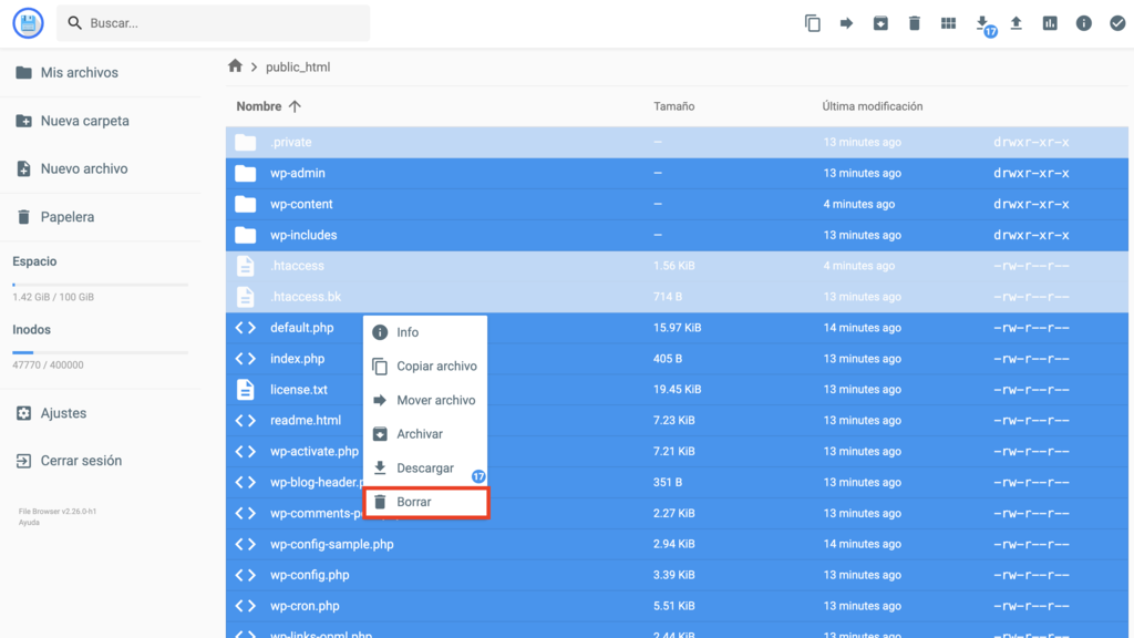 Opción Borrar en el Administrador de archivos de hPanel