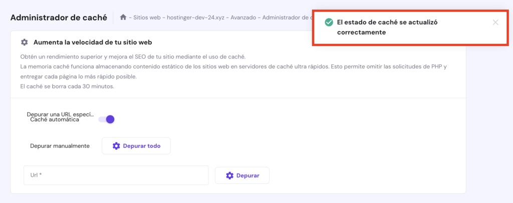 Caché automática activada en hPanel