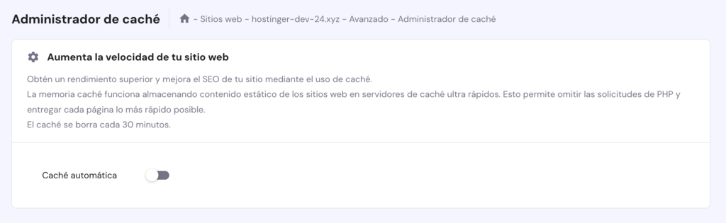 Administrador de caché de hPanel