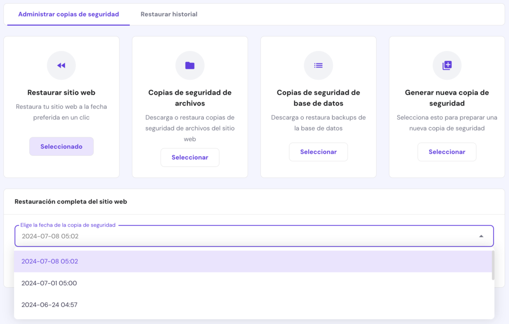 Sección de Copias de seguridad de hPanel