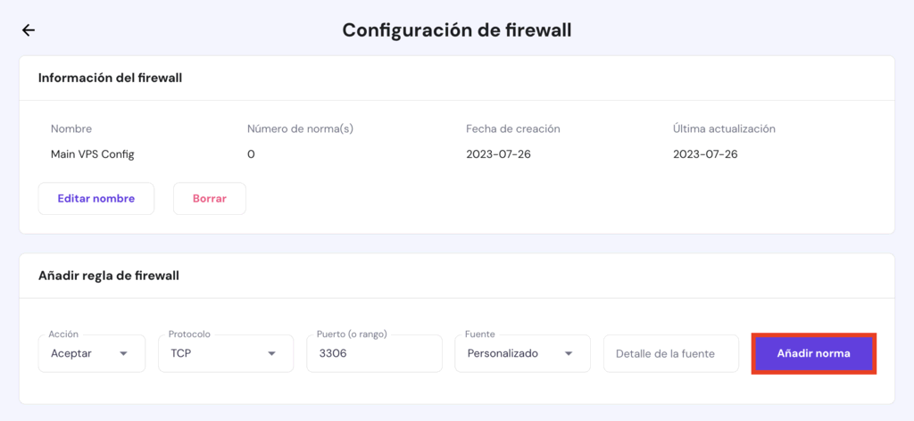 Configuración de firewall en hPanel