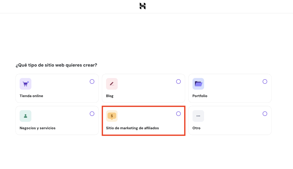 Opción Sitio de marketing de afiliados del creador de Hostinger