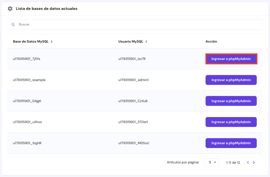 Lista de bases de datos actuales en hPanel