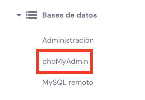 Sección de Bases de datos en hPanel