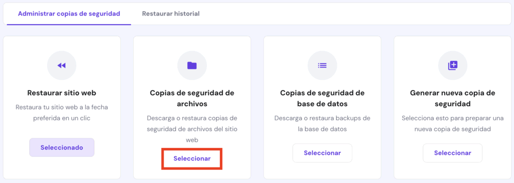 Sección de copias de seguridad en hPanel