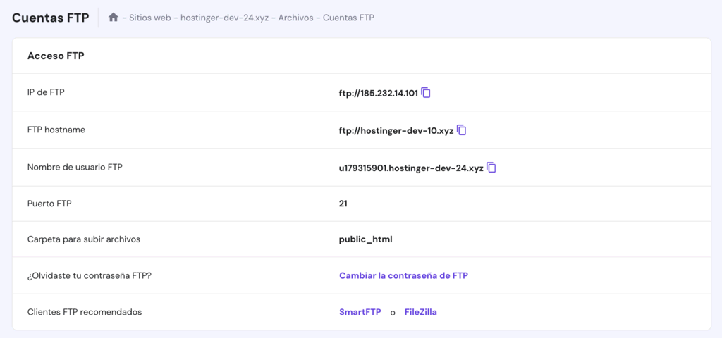 Sección Cuentas FTP de hPanel