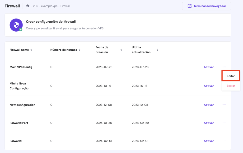 Sección de Firewall de hPanel