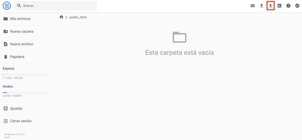 Opción Subir archivos del Administrador de archivos de hPanel