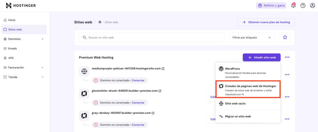 Interfaz de hPanel