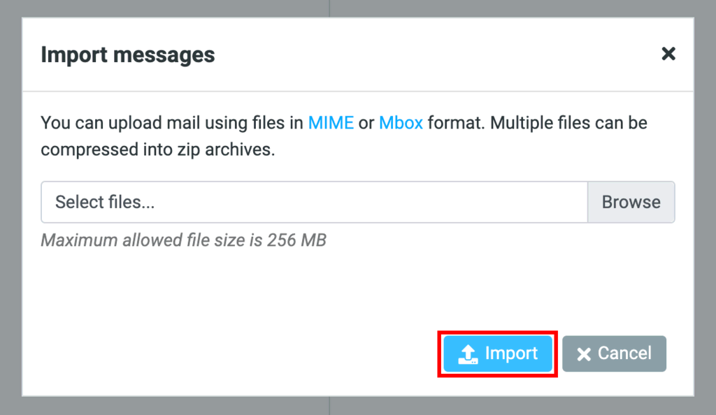 Selección de archivos MIME o Mbox para importación