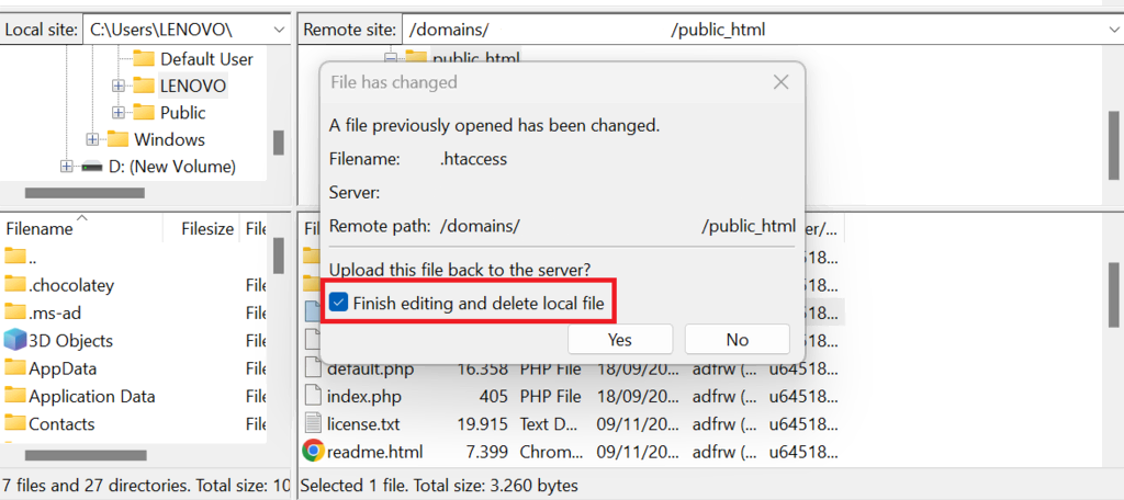 opción Finalizar edición y eliminar archivo local de FileZilla