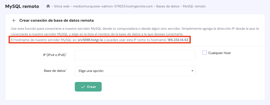 Sección de MySQL remoto en hPanel 