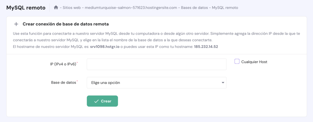 Sección de MySQL remoto en hPanel 