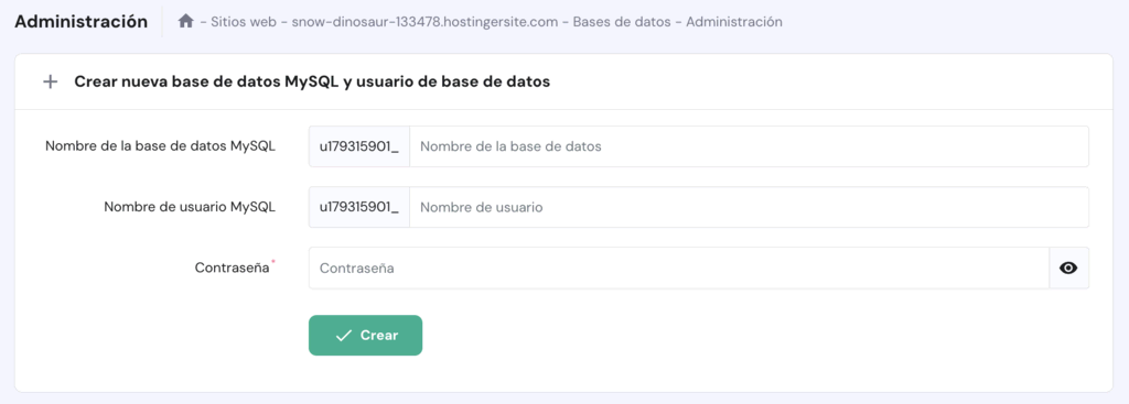 Crear nueva base de datos MySQL en hPanel