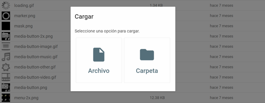 Sección Cargar archivos de hPanel